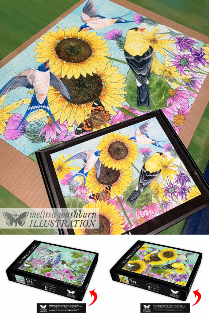 an image of jigsaw puzzles featuring bird illustrations by Melissa Washburn