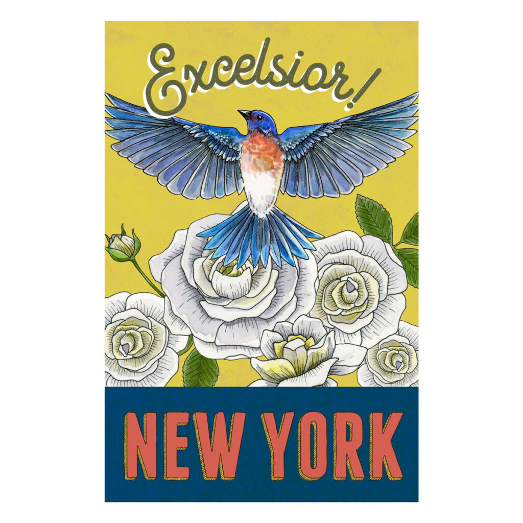 Illustration of an Eastern bluebird and white roses on a vintage-style state postcard for New York