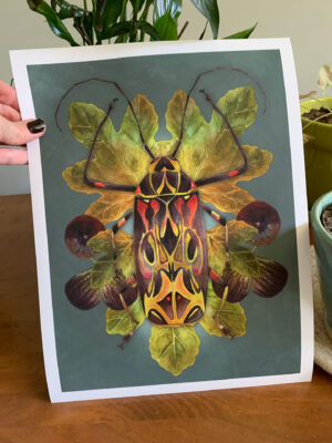 Art print of a colorful harlequin beetle illustrated in watercolor with fig fruit and leaves