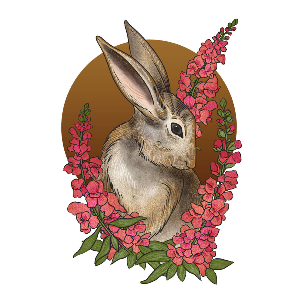 Illustration of a rabbit on a gold circle surrounded by pink snapdragon flowers