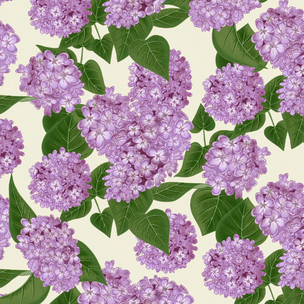 Repeat pattern of lilac flowers on a light background