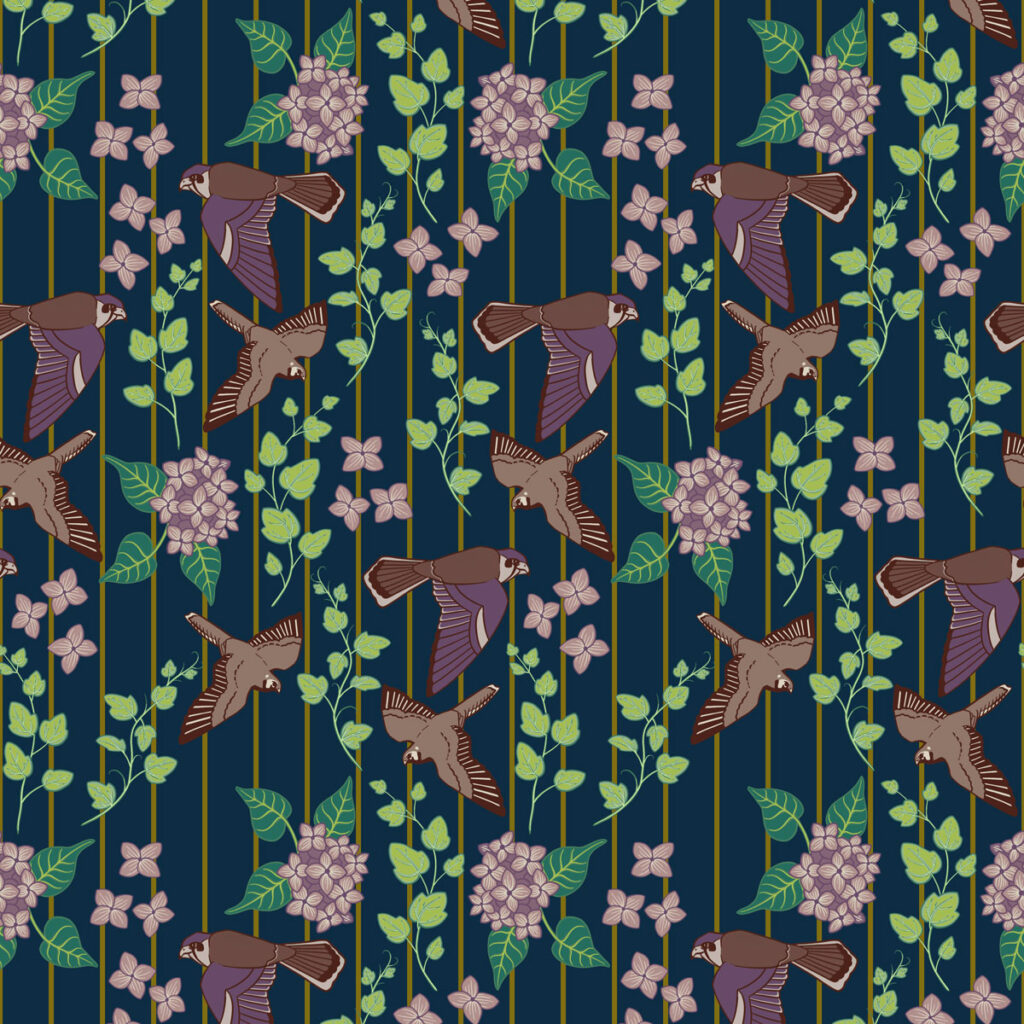 Repeat pattern of falcons and vines on a deep blue background
