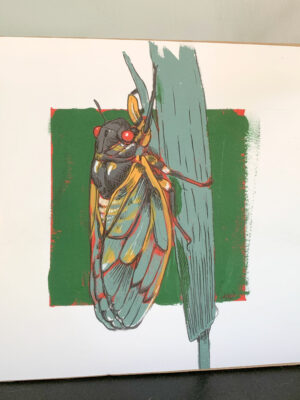 A hand holding an 8x8 art print of a cicada painted in gouache